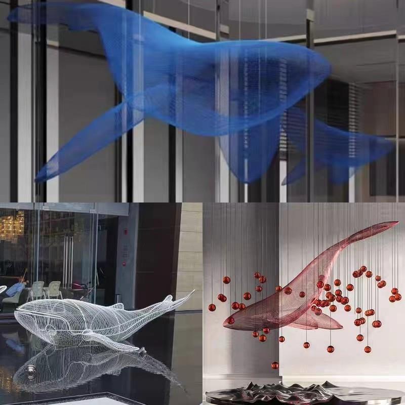 不锈钢镂空鲸鱼海豚雕塑酒店大厅铁艺编制海洋动物悬挂艺术装置