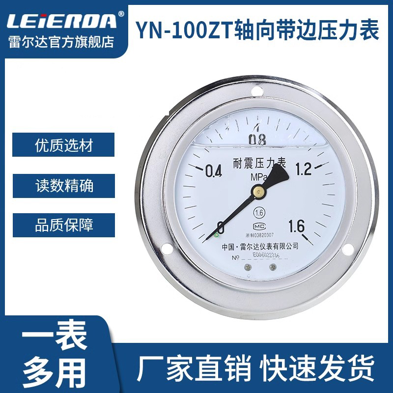 雷尔达轴向带边耐震压力表面板安装YN100ZT,YN60ZT气压油压水压
