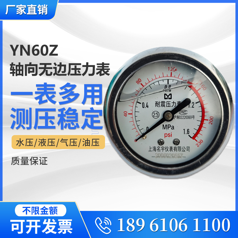 YN60Z/YN100Z轴向安装无边耐震压力表水处理水压表储气罐耐震表