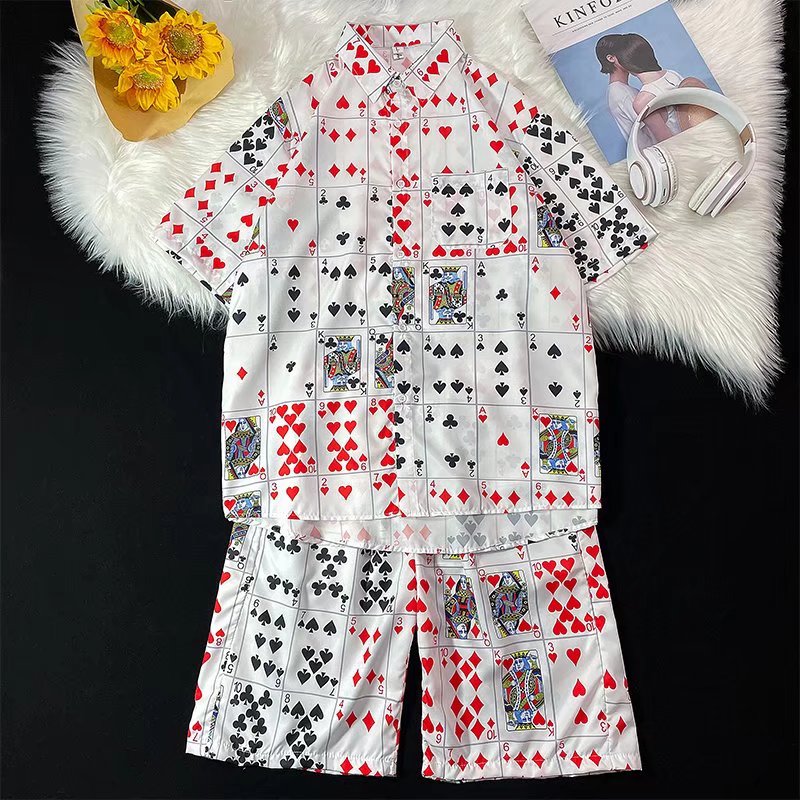 扑克图案短袖衬衫男女两件套装上衣服设计感德州扑克牌战衣潮牌