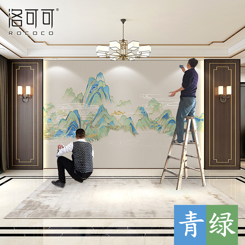 新中式国画山水墙布电视背景墙壁纸客厅影视墙壁画千里江山图壁布