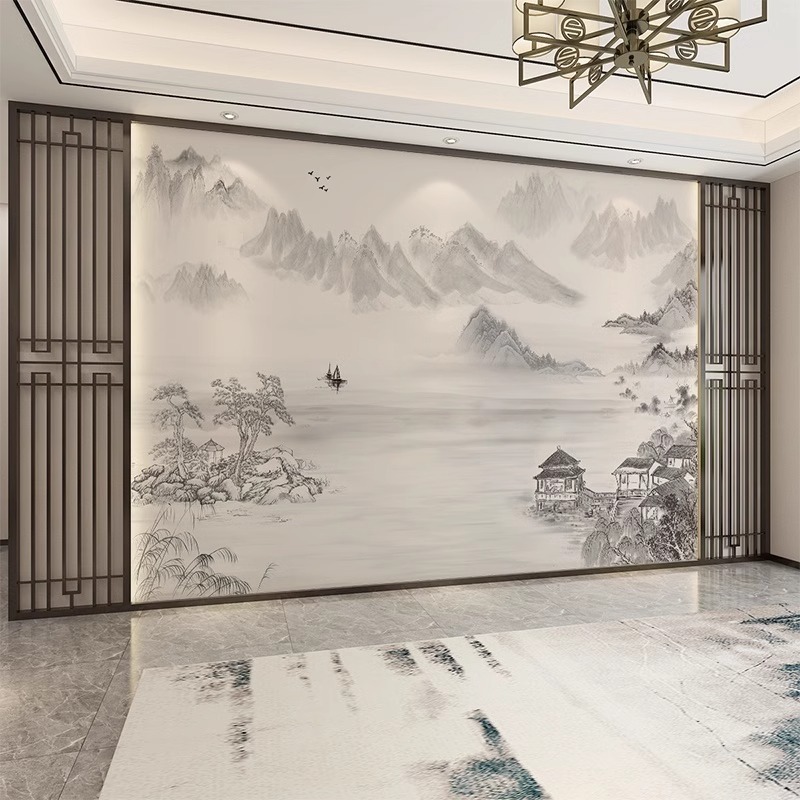 新中式电视背景墙壁纸墙布意境沙发卧室客厅影视墙墙纸山水水墨画