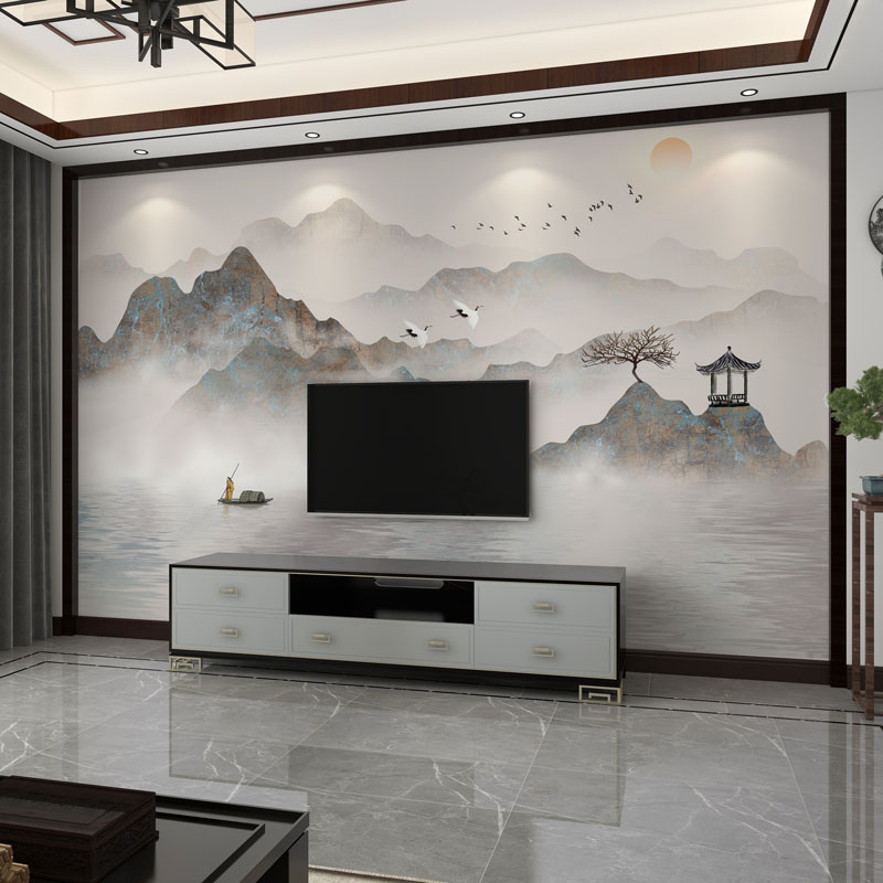 墙纸新中式3D立体水墨山水画电视背景墙壁纸客厅壁布影视墙布壁画