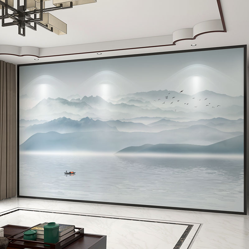 新中式3d立体蓝色水墨山水画电视背景墙壁纸客厅壁布装饰墙布壁画