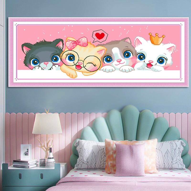 新款客厅十字绣卡通儿童挂画小幅餐厅卧室爱心猫咪简单可爱自己绣