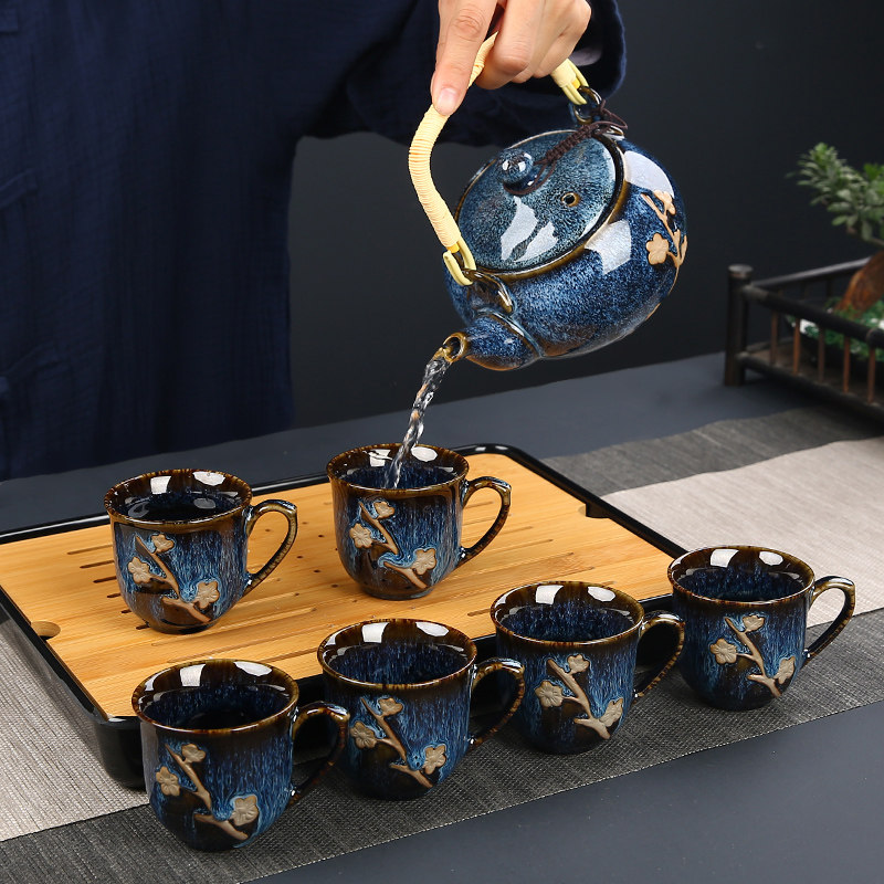 功夫茶具套装古兰拉丝提梁茶壶茶杯整套家用窑变防烫带把杯送茶盘