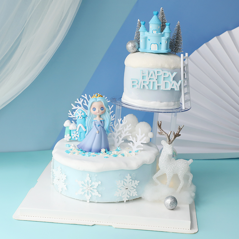 烘焙蛋糕装饰双层蛋糕冰雪蓝公主生日蛋糕打桩支架甜品装扮摆件