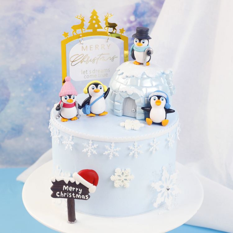 烘焙蛋糕装饰圣诞节冰雪灯光冰屋网红企鹅摆件雪花插件生日插卡