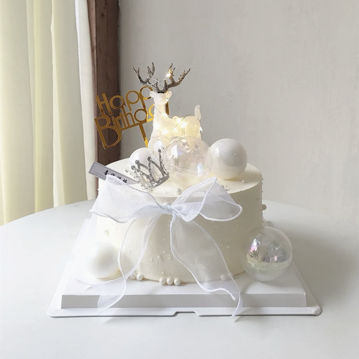女神生日蛋糕装饰唯美白色水晶鹿摆件小仙女麋鹿梦幻幻彩球圣诞节