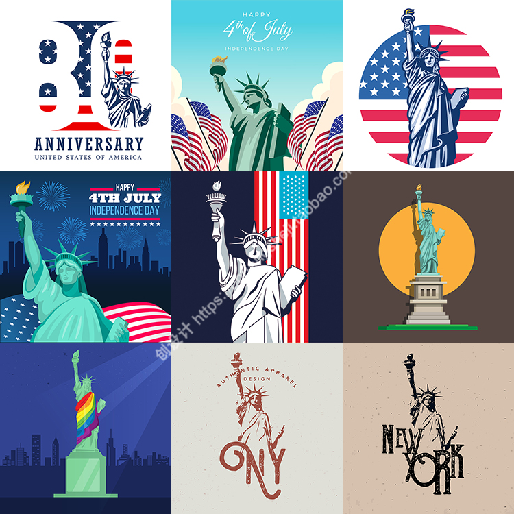 自由女神像插画 美国纽约独立日海报背景 AI格式矢量设计素材