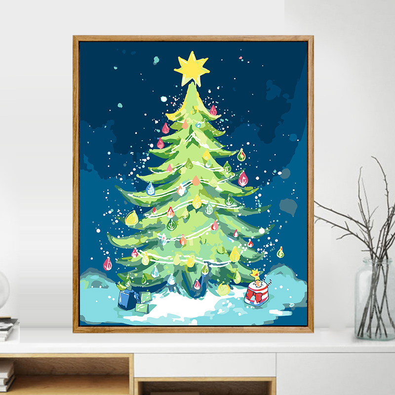 2023新款数字油画diy填充油彩画儿童手工绘填色唯美圣诞树丙烯画