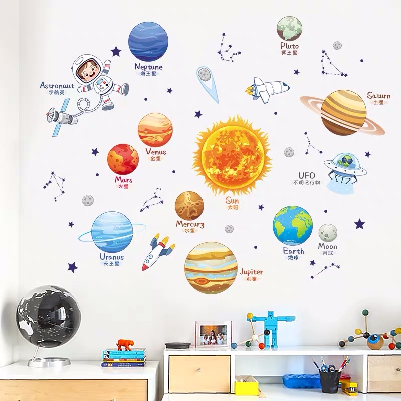 八大行星贴纸太空元素装饰宇航员宇宙太空星空主题墙纸卡通贴纸画
