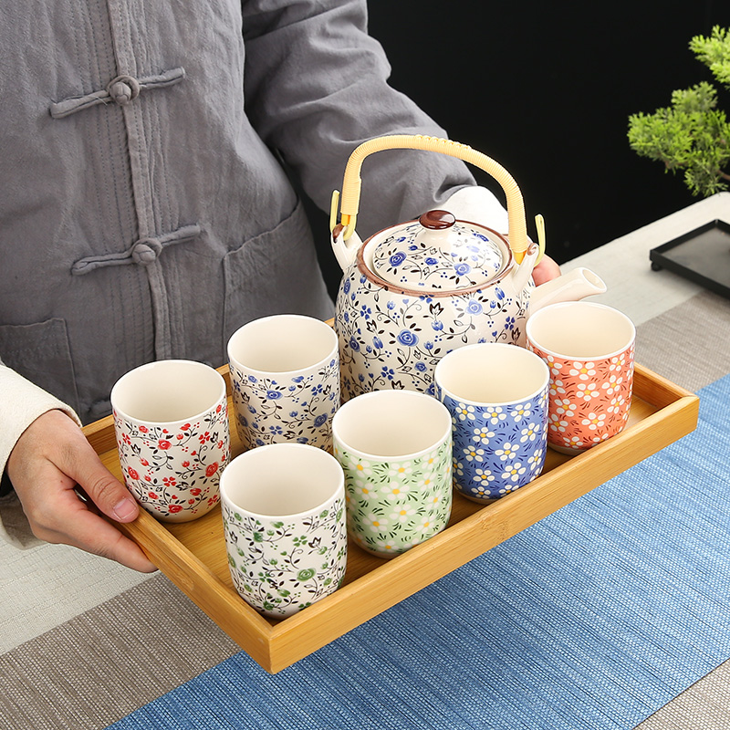 中式复古风提梁壶功夫茶具套装家用办公陶瓷大号泡茶壶6色杯整套