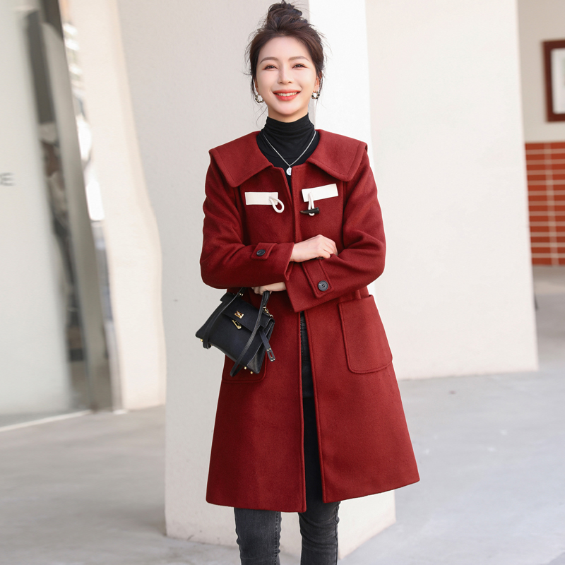 韩版秋冬新款甜美学院风海军领牛角扣 适合搭配连衣裙的毛呢外套