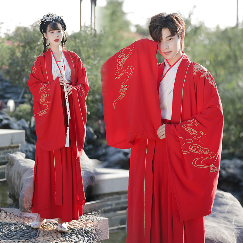 汉服男女情侣款套装汉元素古风中式春秋古装龙凤刺绣结婚红色婚服