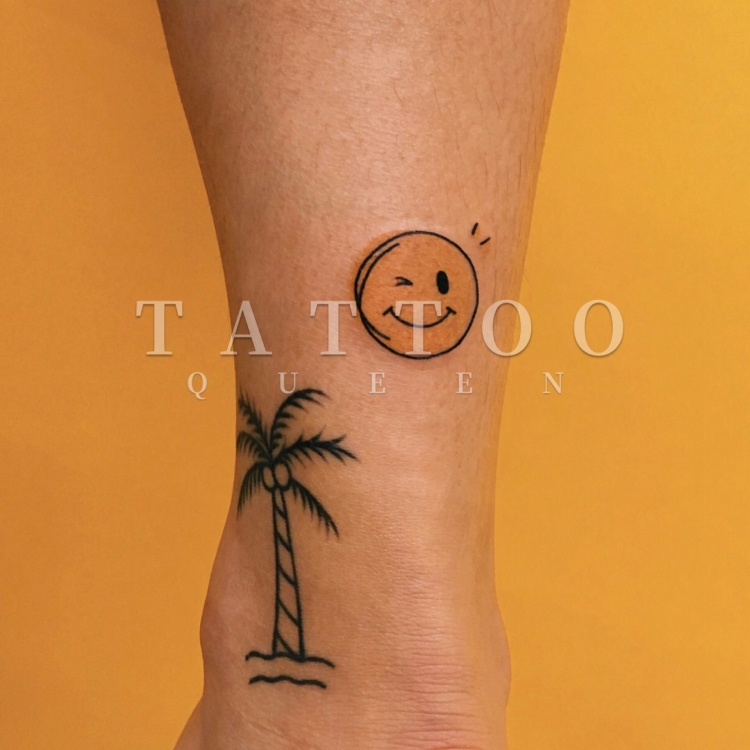 花臂少女TATTOO QUEEN S88 椰子树 黄色笑脸 脚腕纹身贴 一张3个