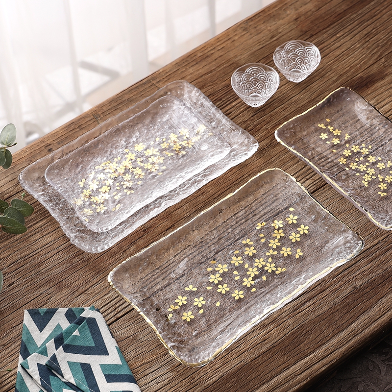 日式复古樱花长方形玻璃木质托盘实木创意摆件收纳茶盘家居水果盘