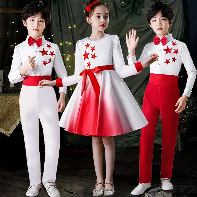 元旦儿童喜庆演出服合唱表演服装幼儿园联欢会表演服礼服中国红
