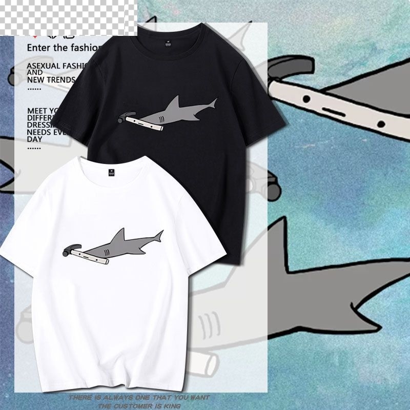 可爱鲨鱼沙雕表情包锤子锤头鲨宽松纯棉夏季短袖男女T恤衣服休闲