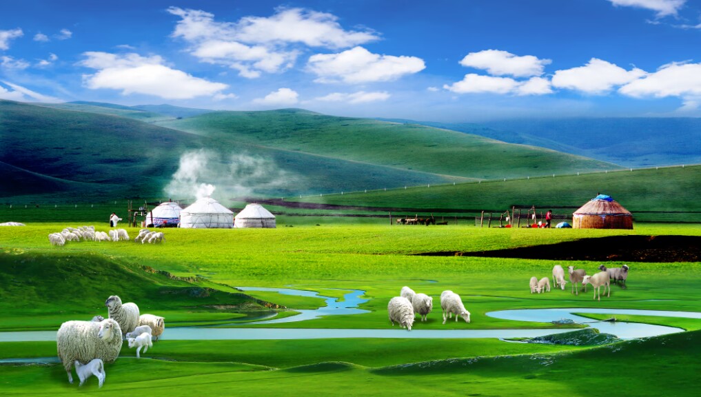 定制环保高清蓝天草原内蒙古大草原绵羊奶牛大自然风景背景墙布