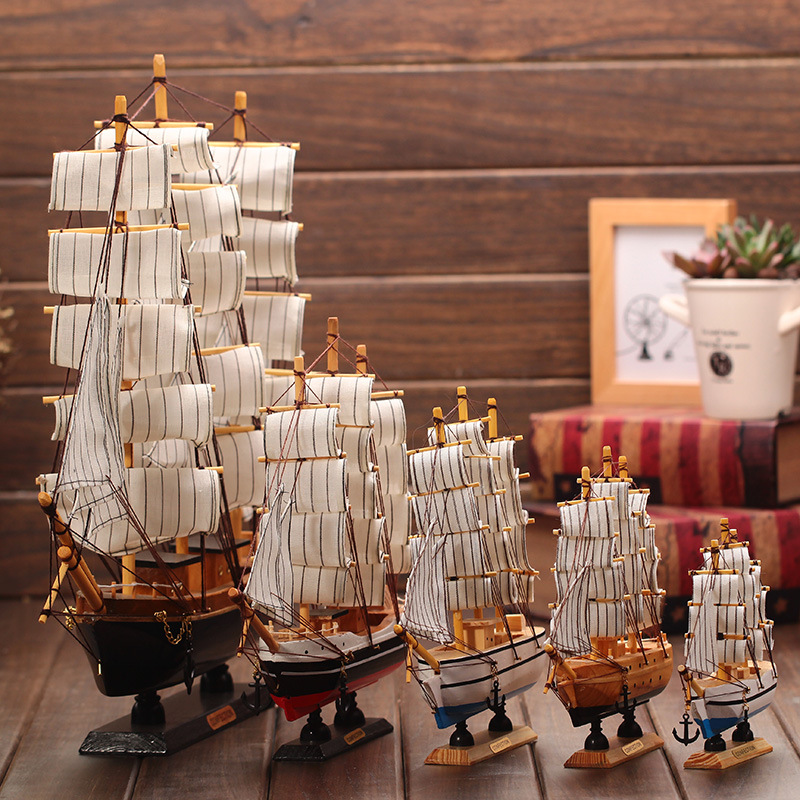 地中海帆船14-50cm模型摆件 仿真实木船装饰 一帆风顺木质工艺船