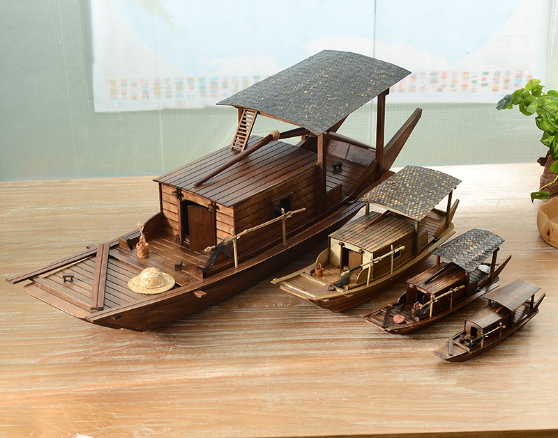 江南水乡帆船模型木船渔船乌篷船模中式工艺船摆件实木大船装饰品