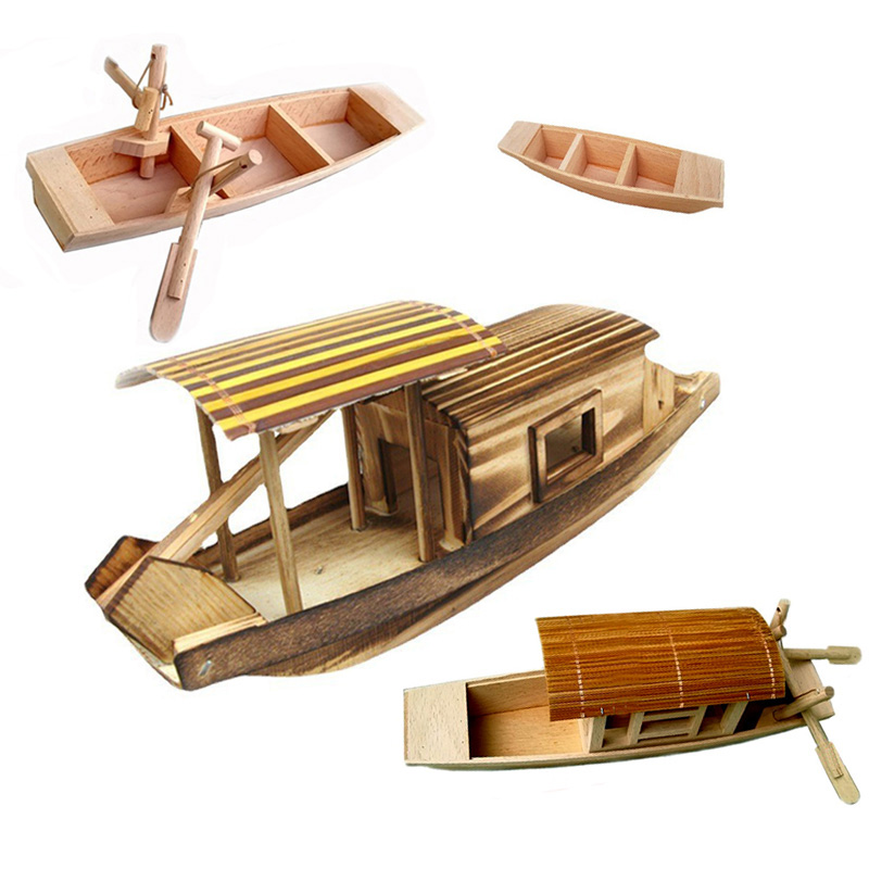 木质打鱼小渔船模型 儿童玩具木制带篷小木船 仿真实木小船摆件