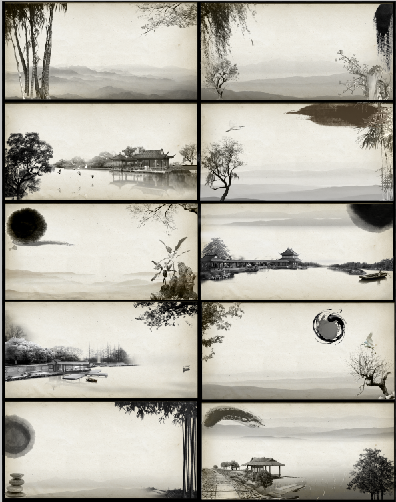 10幅黑白水墨山水中国风PPT图片素材广告设计背景树枝竹子PS素材