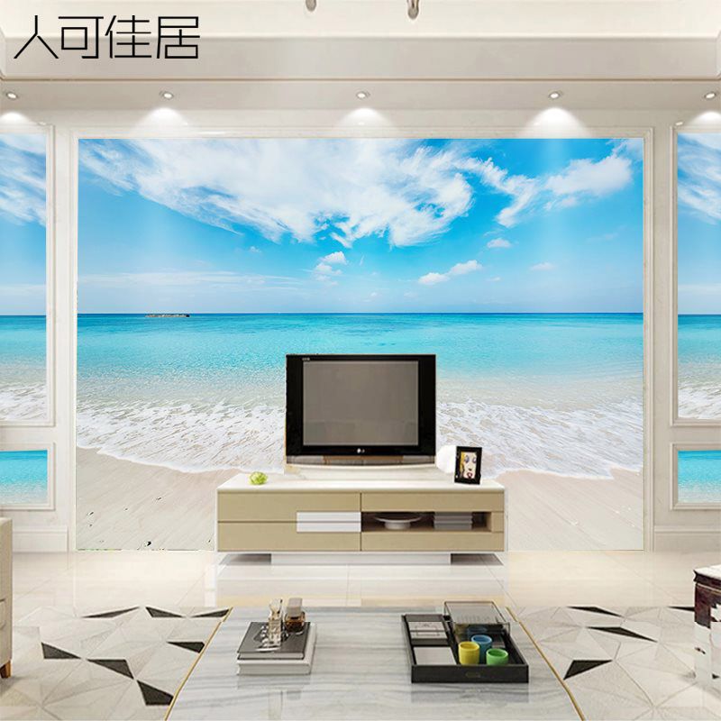 蓝天白云海景电视背景墙纸酒店大海沙滩风景主题壁画客厅沙发壁纸