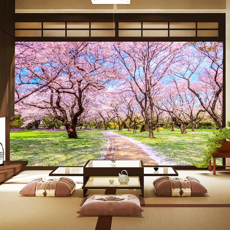 日式樱花墙纸日本风景背景墙寿司店料理店壁纸日系主题包厢壁画