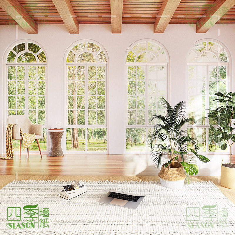 3d立体森林主题假窗户墙纸风景大自然背景墙客厅茶室法式丛林壁纸