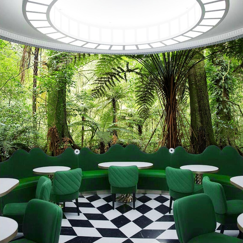 绿色森林大自然风景壁纸餐厅主题房间墙布3d立体延伸空间背景墙纸