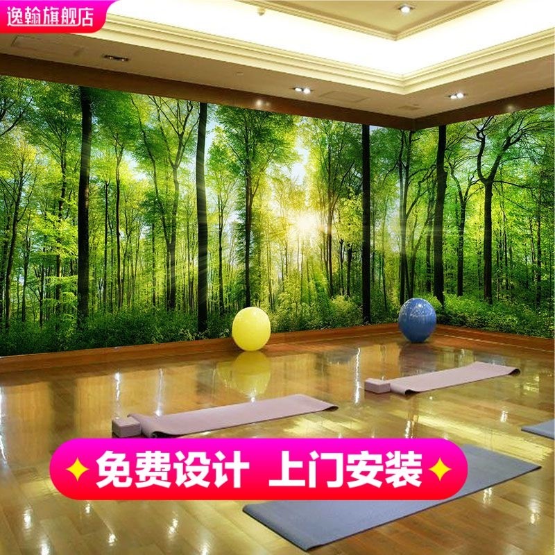 3d大自然风景壁画树林森林主题房餐厅壁纸墙布绿色植物瑜伽馆墙纸