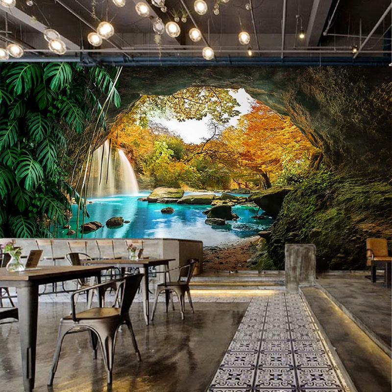 大自然洞穴风景墙纸3d立体延伸空间壁画山洞背景墙森林系主题壁纸
