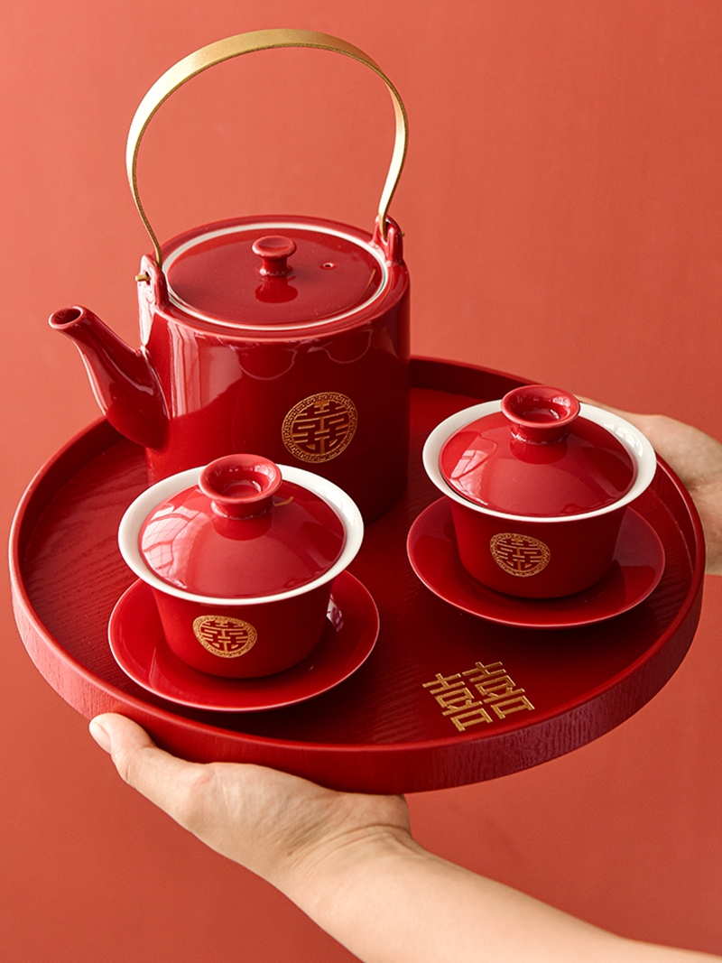 唐洁口杯陶瓷红色改婚庆茶壶套装四个结婚用品大全新敬茶杯人茶碗