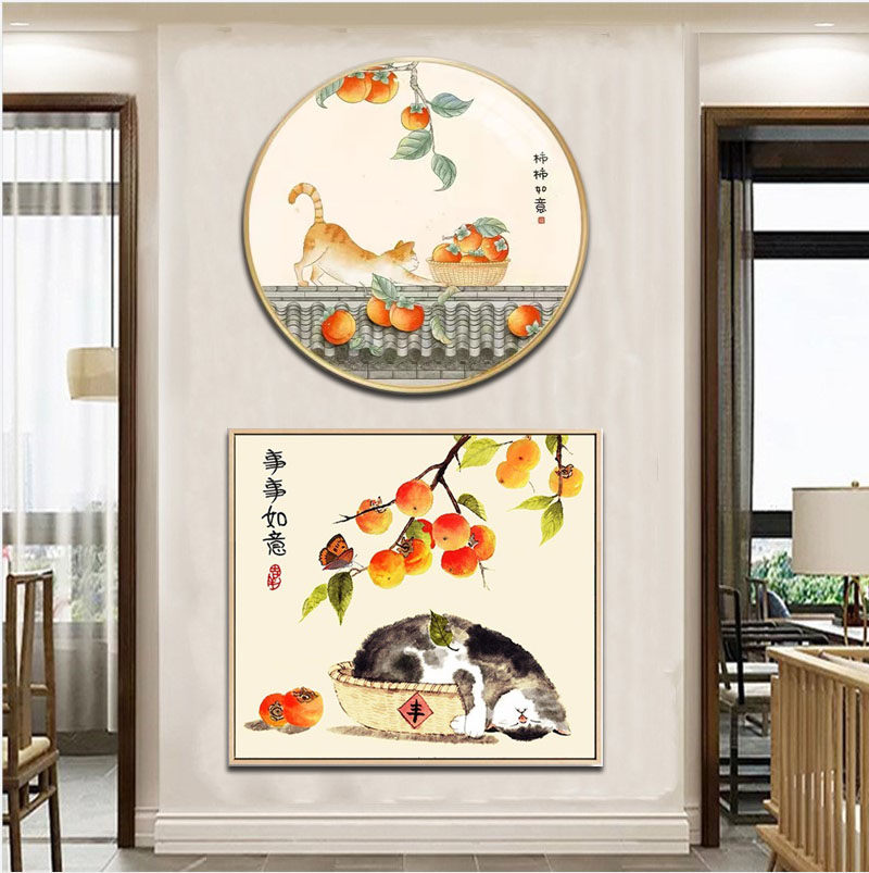 绣好的人工十字绣成品事事如意柿子招财猫客厅餐厅中国风挂画出售