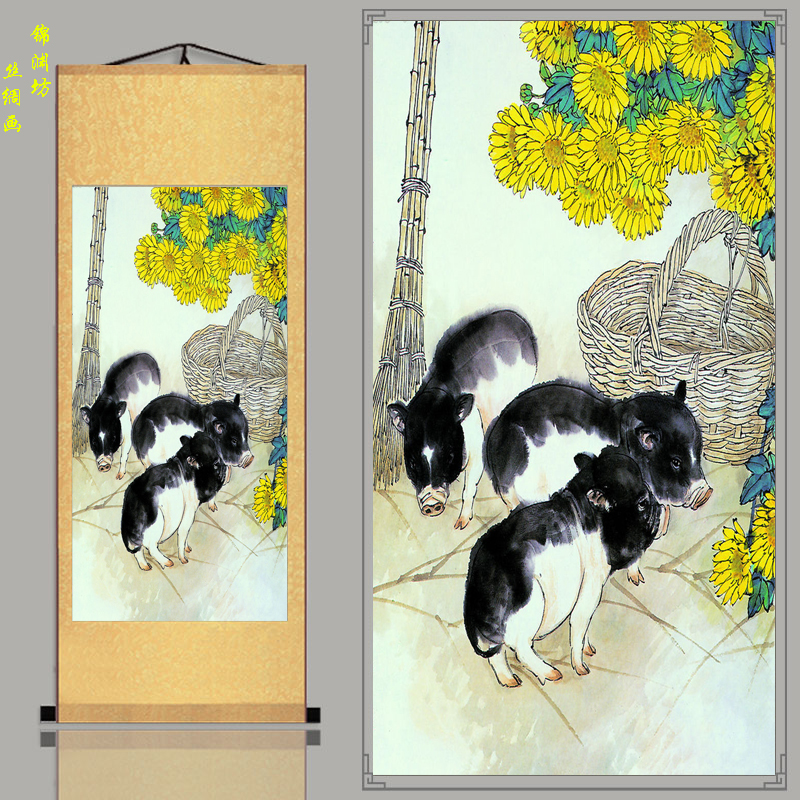 招财猫猪年画中国风客厅装饰画三猴烫猪过道迎门挂画新年祝福喜气