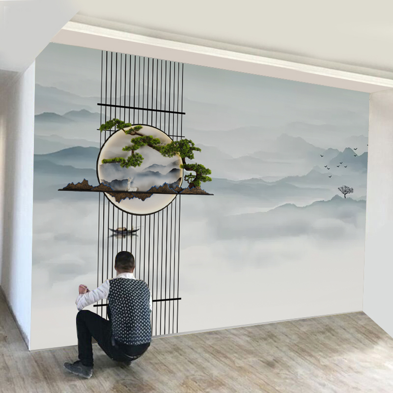 现代新中式壁画简约山水墙纸背景墙布客厅卧室书房松树水墨画壁纸