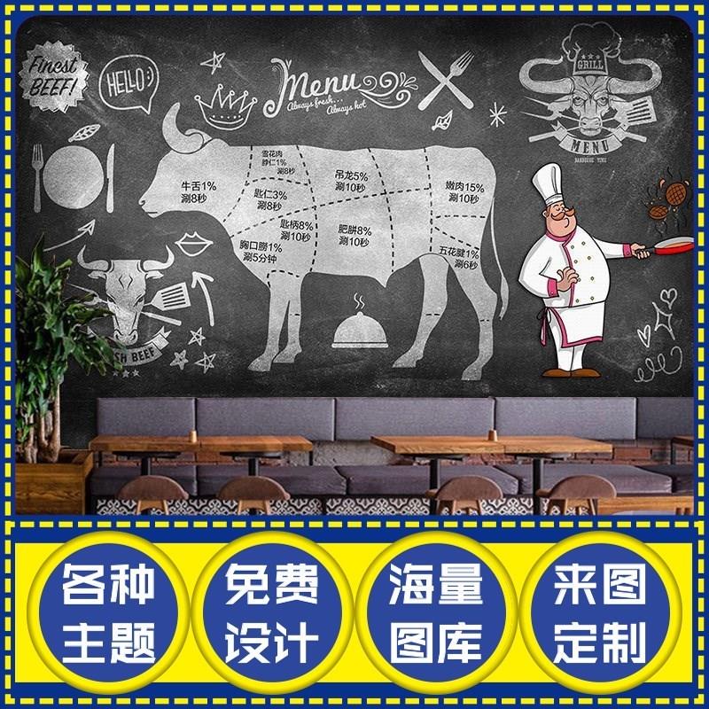牛肉分割分解部位图牛排装饰壁画牛杂汤粉面馆店铺潮汕火锅店墙纸
