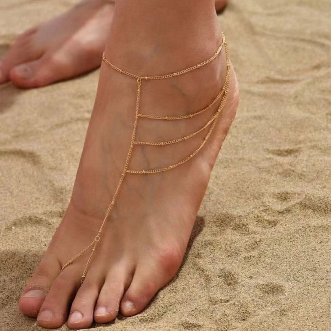 简约欧美跨境脚链连趾脚链女 夏季赤脚凉鞋百搭度假海滩派对脚饰