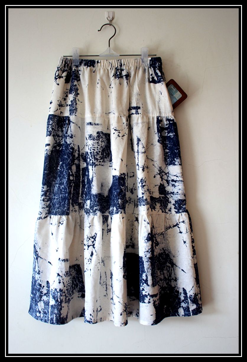 夏季新款棉麻长裙 亚麻拼接款半裙 波西米亚裙子 蓝色水墨中短裙