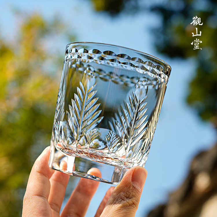 七宝切子水晶玻璃杯 青墨灰洋酒杯子 日式手工雕花威士忌杯礼盒装