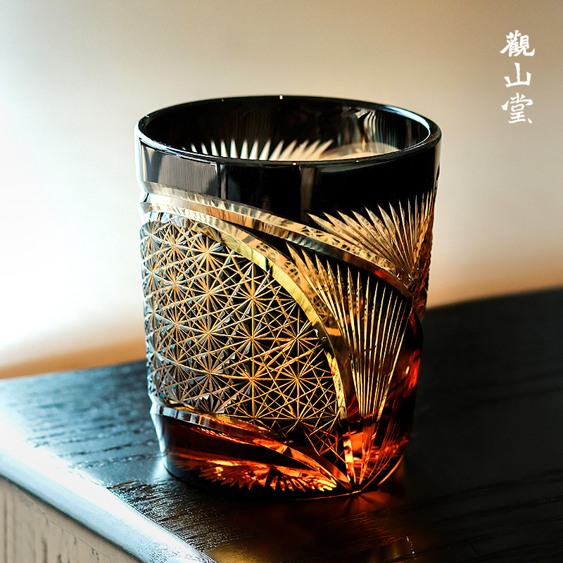 七宝切子日式复古手工雕花琥珀菊纹玻璃杯酒具江户切子威士忌酒杯