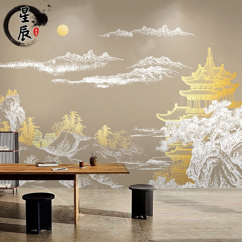新品3d新中式山水客厅电视背景墙壁纸饭店餐厅包厢壁画8d轻奢茶室