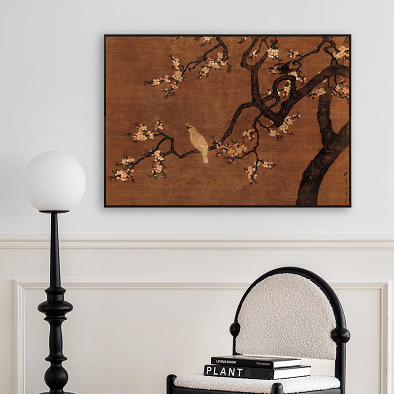 《杏花双雉图》法式中古风黑色挂画客厅沙发背景墙大幅高级感壁画