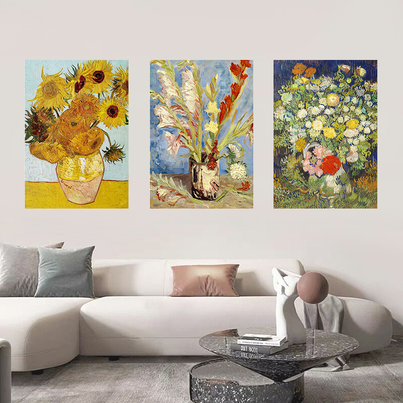 梵高油画海报世界名画杏花星空墙贴客厅卧室咖啡厅装饰框画可定制