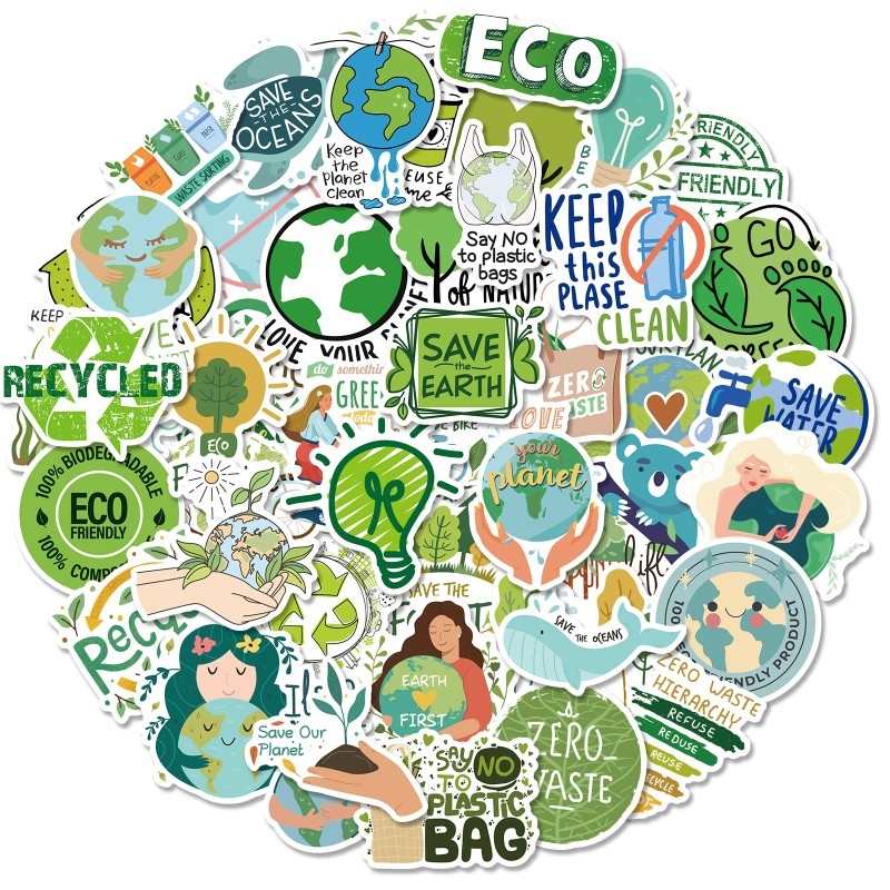 50张新款绿色环保爱护地球环境手绘卡通贴纸水杯手机壳笔记本装饰