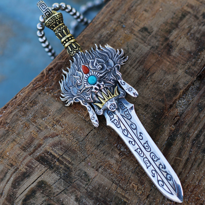 手工纯银剑吊坠项链剑形普巴金刚挂件男士剑型复古风格断剑银吊坠