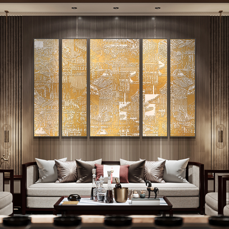 客厅沙发背景墙装饰画中堂高档大气新中式餐厅多联浮雕茶室挂画