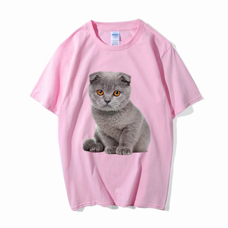 可爱小猫咪头像 男女短袖T恤 折耳猫印花衣服 粉红色